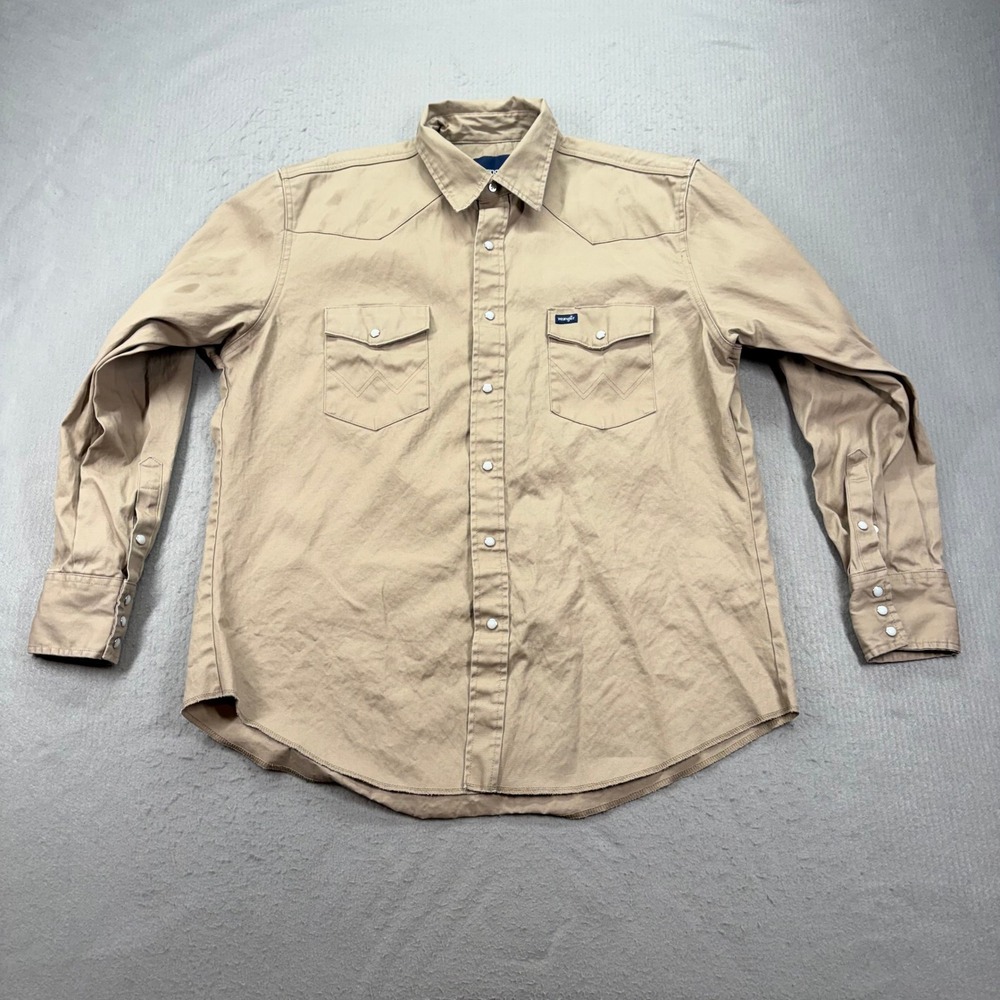 Wrangler Western Shirt Mens XL Tan Khaki Pearl Snap Long Sleeve Cotton Twill